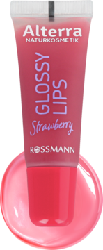 Alterra Glossy Lips Strawberry błyszczyk w różowej tubce, z przodu, na rozlanym jasnoróżowym błyszczyku.