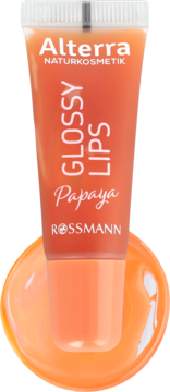 Alterra Glossy Lips Papaya, pomarańczowy błyszczyk w tubce z białym napisem, z rozlaną kroplą na jasnym tle.