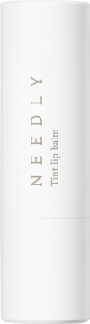 Balsam koloryzujący Needly Tint Lip Balm w białym cylindrycznym opakowaniu, widok z przodu z brązowym napisem.
