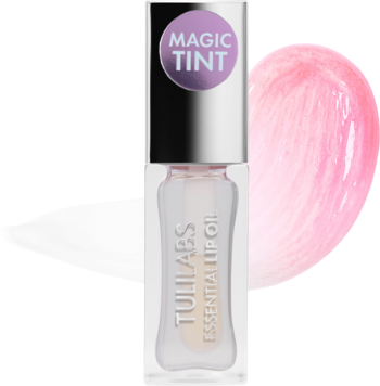 Olejek do ust Tuli Labs Essential Lip Oil Watermelon Bomb, przezroczysta butelka ze srebrną zakrętką i fioletowym napisem MAGIC TINT, obok różowy swatch.
