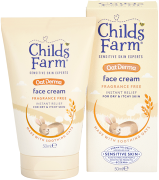 Childs Farm Oat Derma krem do twarzy w beżowej tubce i pudełku, bezzapachowy, z kojącym owsem, widok pod kątem.