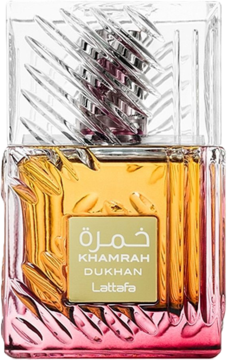 Lattafa Khamrah Dukhan woda perfumowana unisex, złoto-różowa butelka z fakturą i nazwą marki z przodu.