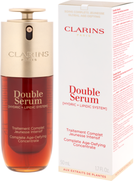 Clarins Double Serum, luksusowe serum przeciwstarzeniowe w czerwono-złotej butelce i białym kartoniku, widok przód.