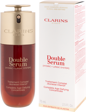 Clarins Double Serum 75ml, butelka z czerwonym płynem i złotą pompką, obok białe opakowanie, widok z przodu.