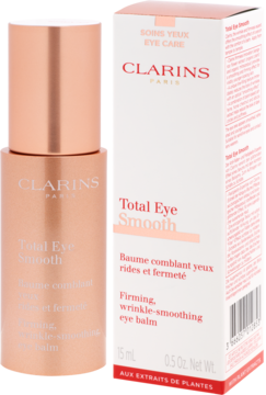 Clarins Total Eye Smooth, 15ml, ujędrniający balsam pod oczy w różowo-złotej butelce obok białego pudełka.