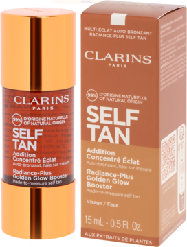 Clarins Self Tan Radiance-Plus Golden Glow Booster 15ml, złoto-brązowa butelka i dopasowane pudełko.