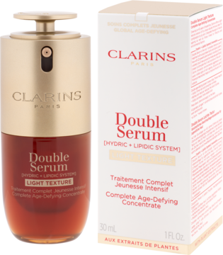 Clarins Double Serum Light Texture 30ml, butelka z pompką i białe pudełko, widok z przodu, lekkie serum przeciwstarzeniowe.