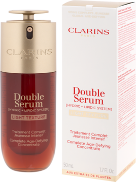 Clarins Double Serum Light Texture, serum do twarzy w czerwonej butelce z złotą pompką i białe pudełko, widok z przodu.