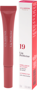 Clarins Lip Perfector 19, różowy błyszczyk w tubce z masłem shea obok białego pudełka, widok z przodu.