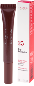 Ciemnobrązowy błyszczyk Clarins Lip Perfector 25 Mulberry Glow w tubce, obok białego pudełka produktu.