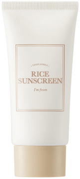 Mineralny krem przeciwsłoneczny Rice Sunscreen I'm From SPF 50+ w białej tubce z beżową nakrętką, widok z przodu.