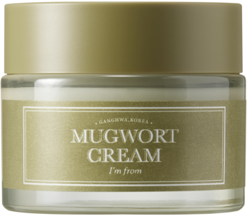 I'm From Mugwort Cream, kojący krem do twarzy w szklanym słoiku ze złotą nakrętką, widok z przodu.