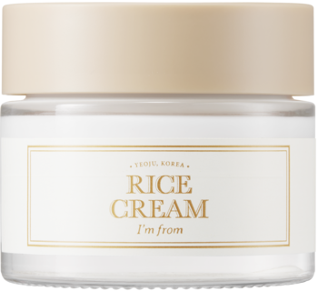Krem do twarzy I'm From Rice Cream w białym słoiczku z beżową nakrętką i złotą etykietą, widok z przodu.