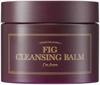Burgundowy słoik balsamu do demakijażu I'm From Fig Cleansing Balm ze złotym napisem, widok z góry.