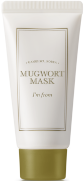 I'm From Mugwort Mask, biała tubka z oliwkową nakrętką, widok z przodu, z etykietą z bylicą.