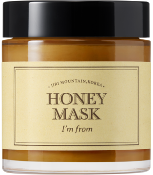 Frontalny widok słoika koreańskiej nawilżającej maski I'm From Honey Mask, bursztynowa formuła z beżową etykietą.