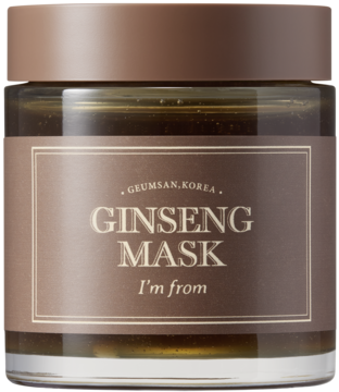 I'm From Ginseng Mask, rewitalizująca maska do twarzy w brązowym szklanym słoiku, z beżową etykietą, widok z przodu.