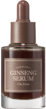 I'm From Ginseng Serum w ciemnobrązowej butelce z matowym kroplomierzem. Widok z przodu, beżowa etykieta z napisem Ginseng Serum.
