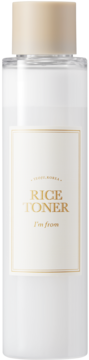 I'm From Rice Toner, nawilżający tonik w matowej butelce z beżową nakrętką i złotym napisem, widok z przodu.
