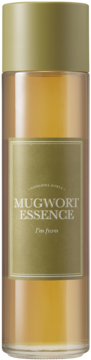 Cylindryczna butelka koreańskiej esencji I'm from Mugwort Essence, bursztynowy płyn, złota etykieta i korek.