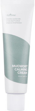 Biała tubka Isntree Mugwort Calming Cream z piołunem dla skóry wrażliwej, z zielonym panelem, widok z przodu.