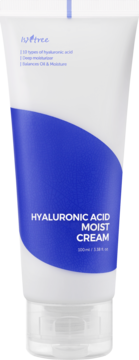 Biały krem Isntree Hyaluronic Acid Moist Cream, głęboko nawilżający, w tubce z niebieskim detalem, widok pod kątem.
