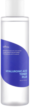Biała butelka Isntree Hyaluronic Acid Toner Plus z fioletowym wzorem i białymi napisami, widok z przodu. Tonik nawilżający.
