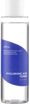 Isntree Hyaluronic Acid Toner, nawilżający, w przezroczystej butelce z niebieską etykietą, widok z przodu.