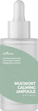 Biała ampułka Isntree Mugwort Calming Ampoule 50ml z piołunem, zielona etykieta z liściem, widok z przodu, z kroplomierzem.