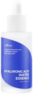 Isntree Hyaluronic Acid Water Essence, biała butelka z zakraplaczem, niebieska etykieta z tekstem o 8 typach HA.
