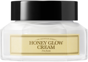 I'm From Honey Glow Cream, nawilżający krem z miodem, w białym, fasetowanym słoiczku ze złotą etykietą, widok z przodu.