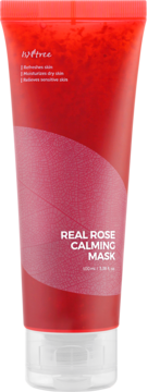 Czerwona tubka Isntree Real Rose Calming Mask, kojąca maska żelowa z widocznymi płatkami róż. Widok z przodu.