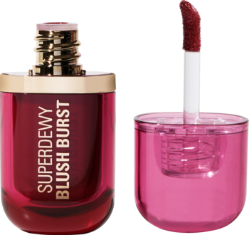 Płynny róż Revolution Superdewy Blush Burst Very Cherry, butelka z aplikatorem, soczysta wiśnia, dewy.