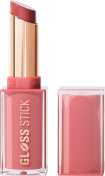 Otwarty Revolution Pout Lip Gloss Stick Sweet Rose, różowy, błyszczący, w przezroczystym opakowaniu ze złotym aplikatorem.