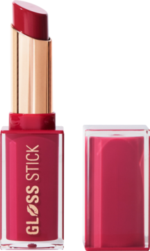 Revolution Pout Lip Gloss Stick Sour Berry, czerwony błyszczyk w sztyfcie, otwarty z nakrętką obok.