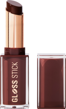 Błyszczyk w sztyfcie Revolution Pout Lip Gloss Stick Chocolate Ganache, otwarty, ciemnobrązowy, z lustrzanym połyskiem.