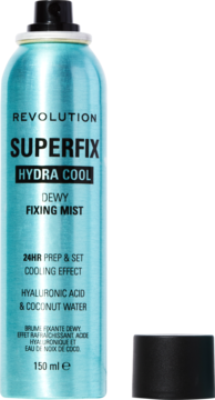 Revolution Superfix Hydra Cool, turkusowa mgiełka utrwalająca z kwasem hialuronowym, widok z przodu, 150ml.