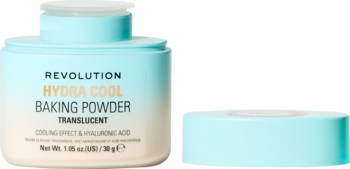 Revolution Hydra Cool Baking Powder, transparentny puder chłodzący, w białym słoiku z turkusową zakrętką, z przodu.