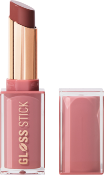 Revolution Pout Lip Gloss Stick Creme Brulee Mauve, wysunięty błyszczyk w beżowo-różowym kolorze, obok zdjęta skuwka.