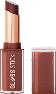 Revolution Pout Lip Gloss Stick Shimmer Toasted Caramel, otwarty, brązowy błyszczyk w sztyfcie, nakrętka obok.
