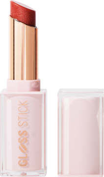 Błyszczyk Revolution Pout Lip Gloss Stick w sztyfcie, Shimmer Sugar Cookie Pink, otwarty, lśniący, z zakrętką.