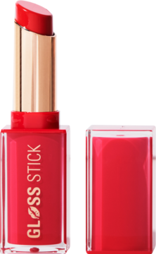 Czerwony błyszczyk Revolution Pout Lip Gloss Stick Cherrylicious, otwarty, z widocznym aplikatorem i połyskiem.