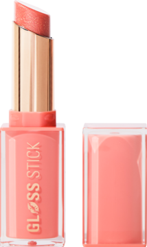 Błyszczący Revolution Pout Lip Gloss Stick Shimmer Peach Sorbet Nude w sztyfcie, z oddzieloną nakrętką.