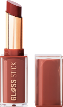 Błyszczący Revolution Pout Lip Gloss Stick w odcieniu Toffee Nude. Wysunięty sztyft i otwarta nakrętka obok.