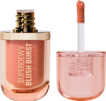 Róż Revolution Superdewy Blush Burst Pink Fizz. Przezroczysta butelka i aplikator z koralowym różem. Daje efekt glow.