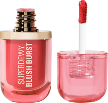 Róż w płynie Revolution Superdewy Blush Burst Watermelon Pop, butelka i aplikator z koralowym odcieniem.