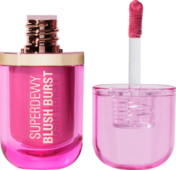 Revolution Superdewy Blush Burst róż Bubblegum Burst, błyszcząca różowa butelka, obok aplikator.