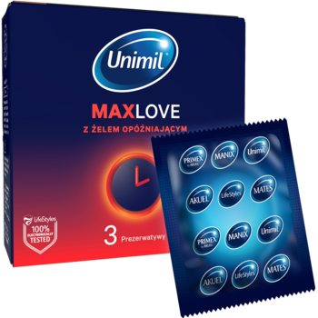 Unimil Max Love Time Control prezerwatywy w granatowym pudełku, z zegarem i tekstem o żelu opóźniającym, obok 3 sztuk.