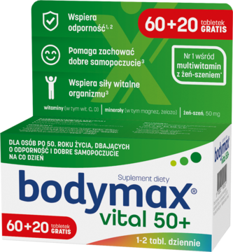 Suplement diety Bodymax Vital 50+ w zielono-białym pudełku, widok z przodu, z napisem 60+20 GRATIS.