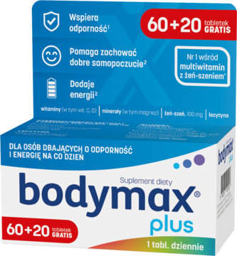 Biało-niebieskie pudełko suplementu diety Bodymax Plus 60+20 GRATIS, z przodu, lekko pod kątem, wspiera odporność i energię.